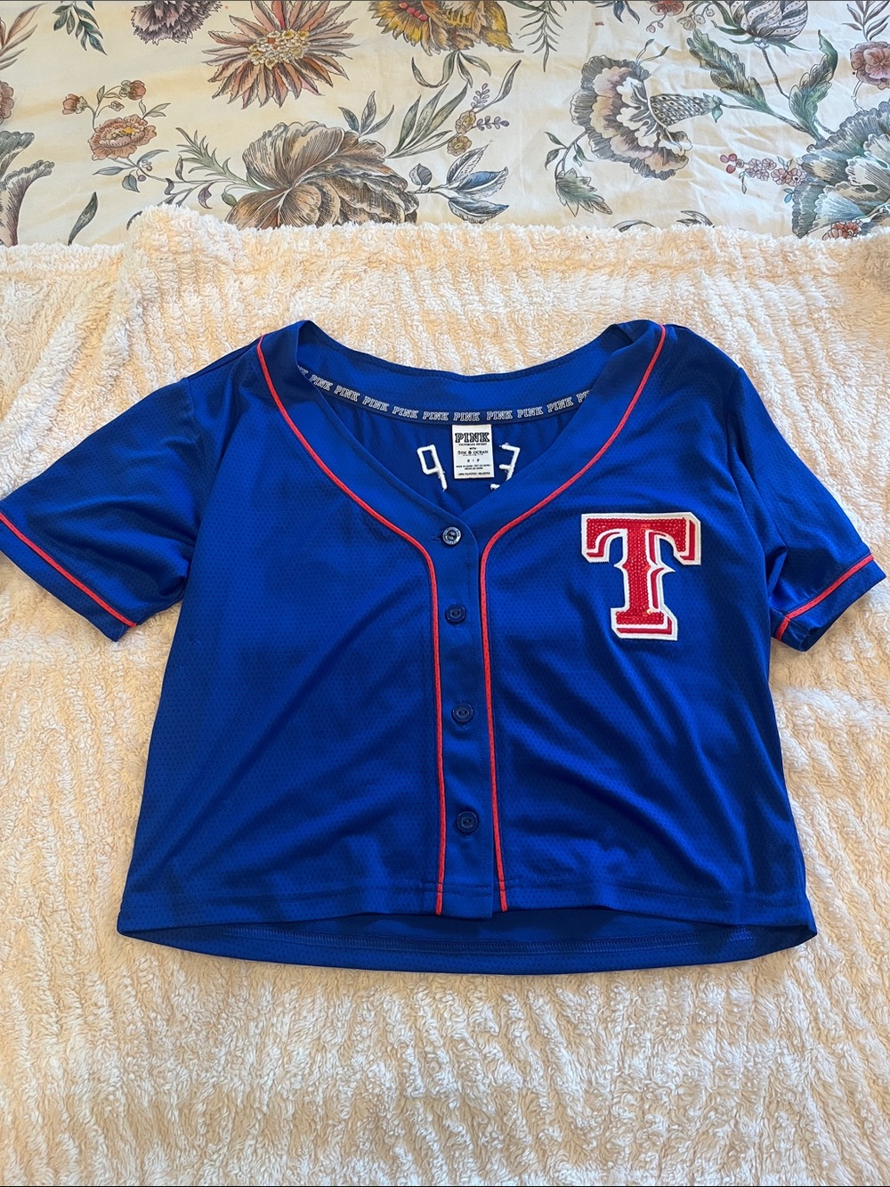 PINK Victoria's Secret Rangers Baseball Button-Down Top with Red Trim